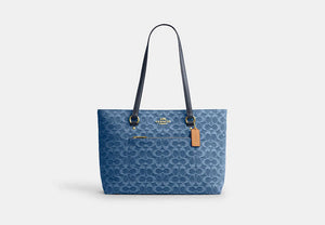 Station Tote Bag In Signature Denim - Gold/Indigo