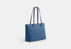 Station Tote Bag In Signature Denim - Gold/Indigo