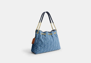 Evelyn Shoulder Bag In Regenerative Cotton With Quilting - Gold/Indigo