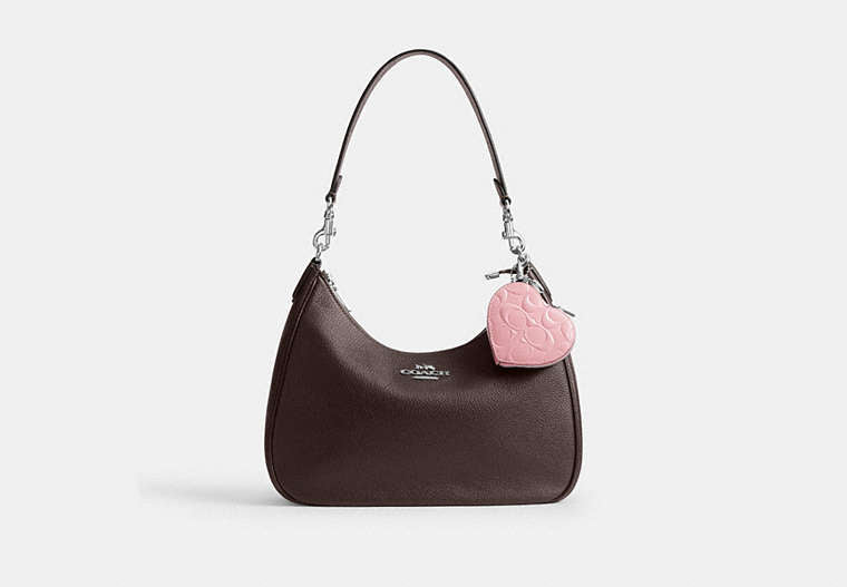 Heart Bag Charm In Signature Leather With Heart Charm - Silver/PINK