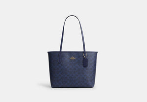 Medium City Tote Bag In Signature Canvas - Gold/Navy