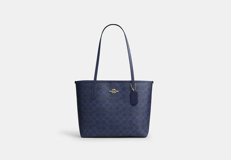 Medium City Tote Bag In Signature Canvas - Gold/Navy