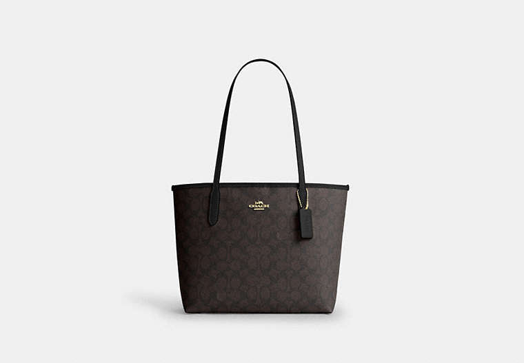 Medium City Tote Bag In Signature Canvas - Gold/Walnut/Black