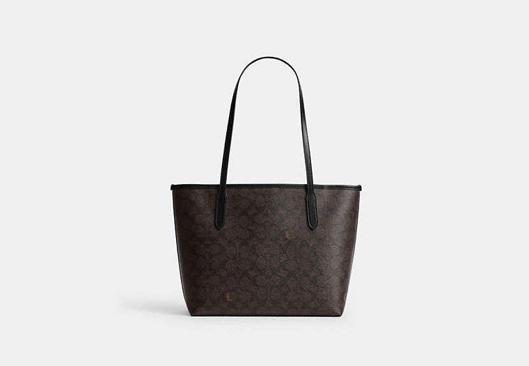 Medium City Tote Bag In Signature Canvas - Gold/Walnut/Black