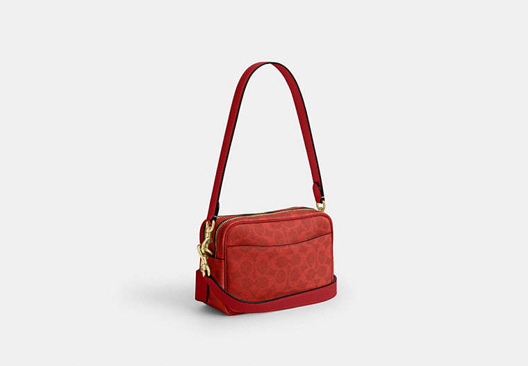 Mini Carey Crossbody Bag In Signature Canvas - Gold/Crimson