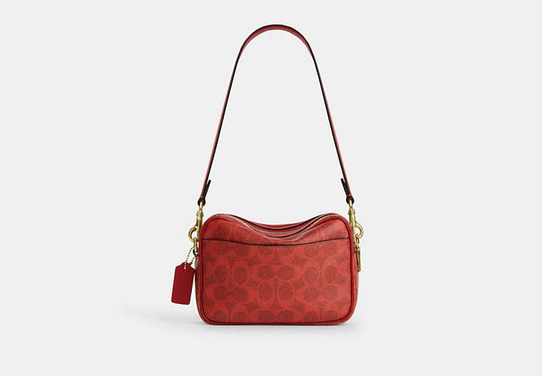Mini Carey Crossbody Bag In Signature Canvas - Gold/Crimson