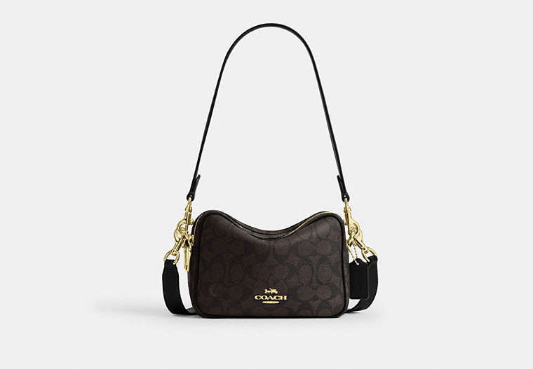 Mini Carey Crossbody Bag In Signature Canvas - Gold/Walnut/Black