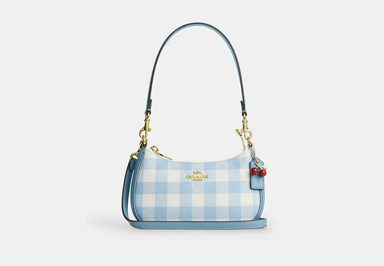 Teri Mini Crossbody Bag With Gingham Print And Charm - Gold/Blue Multi