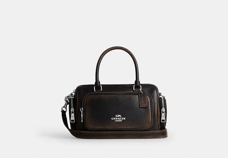 Rowan Satchel Bag With Pockets In Loved Leather - Silver/Black Brown