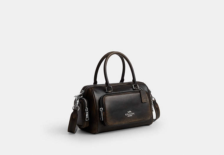 Rowan Satchel Bag With Pockets In Loved Leather - Silver/Black Brown