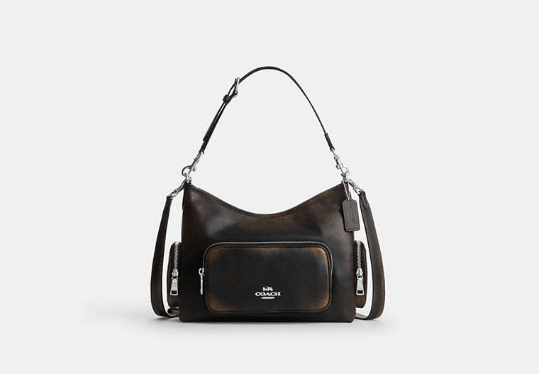 Laurel Shoulder Bag With Pockets In Loved Leather - Silver/Black Brown