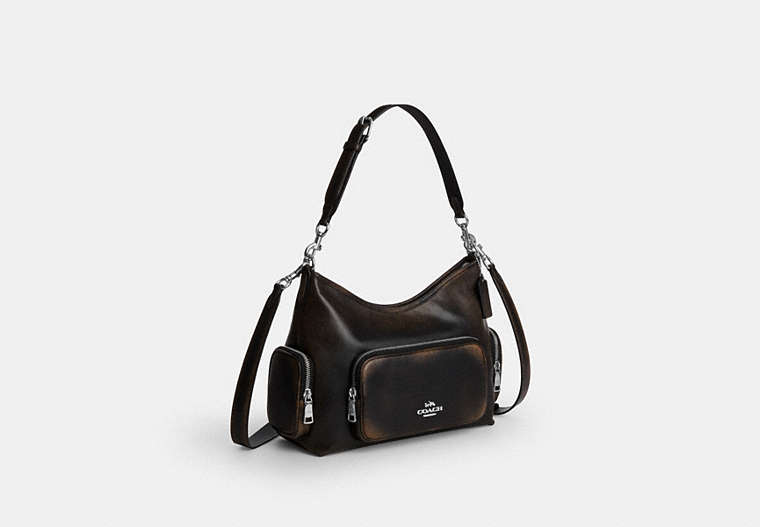 Laurel Shoulder Bag With Pockets In Loved Leather - Silver/Black Brown