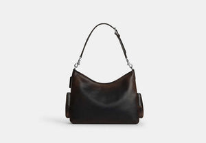 Laurel Shoulder Bag With Pockets In Loved Leather - Silver/Black Brown