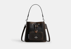 Rowan Bucket Bag With Pocket In Loved Leather - Silver/Black Brown