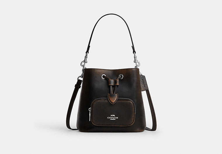 Rowan Bucket Bag With Pocket In Loved Leather - Silver/Black Brown