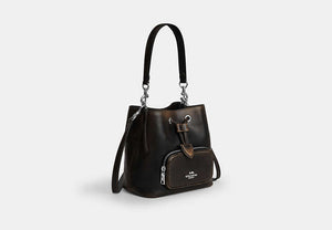 Rowan Bucket Bag With Pocket In Loved Leather - Silver/Black Brown