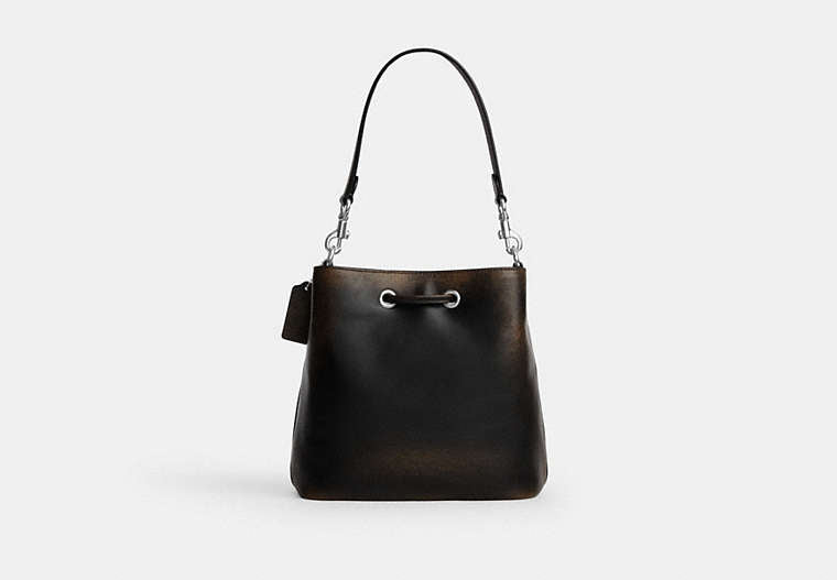 Rowan Bucket Bag With Pocket In Loved Leather - Silver/Black Brown