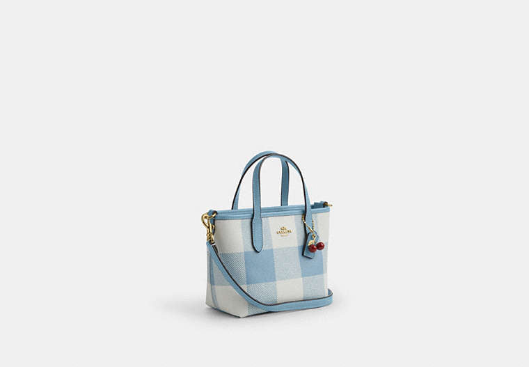 City Mini Tote Bag With Gingham Print And Charm - Gold/Blue Multi