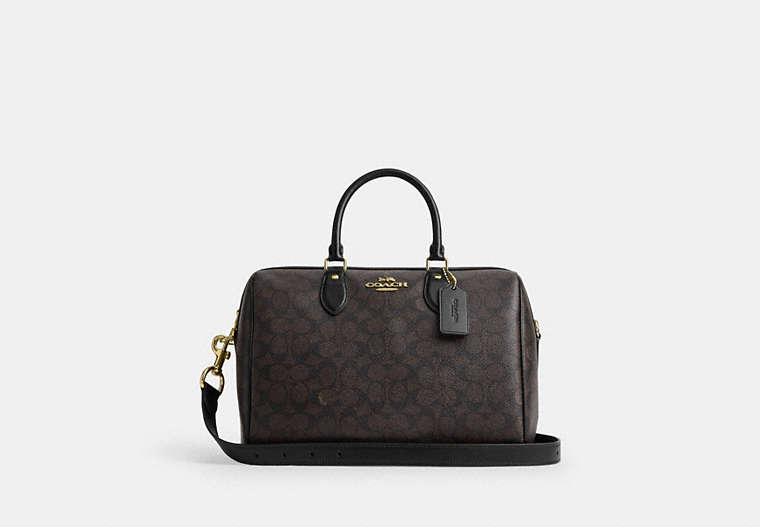 Rowan Large Satchel Bag In Signature Canvas - Gold/Walnut/Black