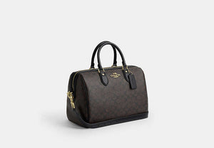 Rowan Large Satchel Bag In Signature Canvas - Gold/Walnut/Black