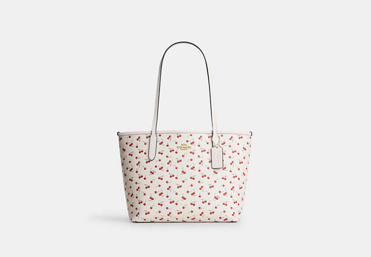 Medium City Tote Bag With Cherry Print - Gold/Chalk Multi