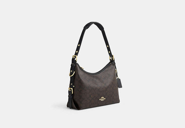 Laurel Shoulder Bag With Buckles In Signature Canvas - Gold/Walnut/Black