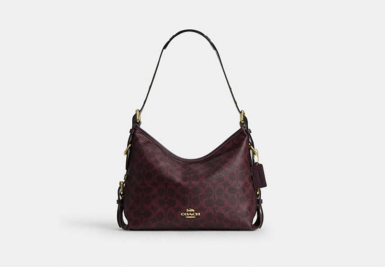Laurel Shoulder Bag With Buckles In Signature Canvas - Gold/Black Currant