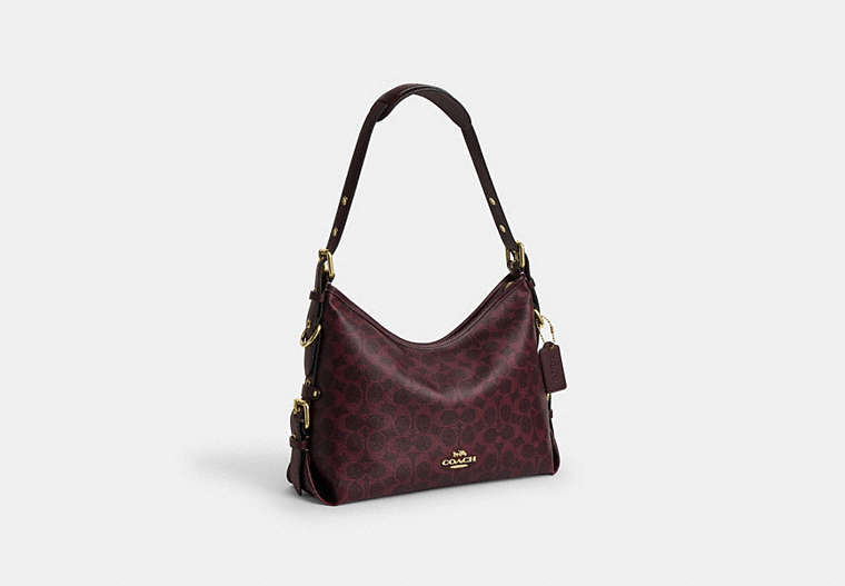 Laurel Shoulder Bag With Buckles In Signature Canvas - Gold/Black Currant