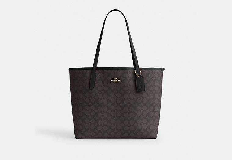 City Tote Bag In Signature Canvas - Gold/Walnut/Black