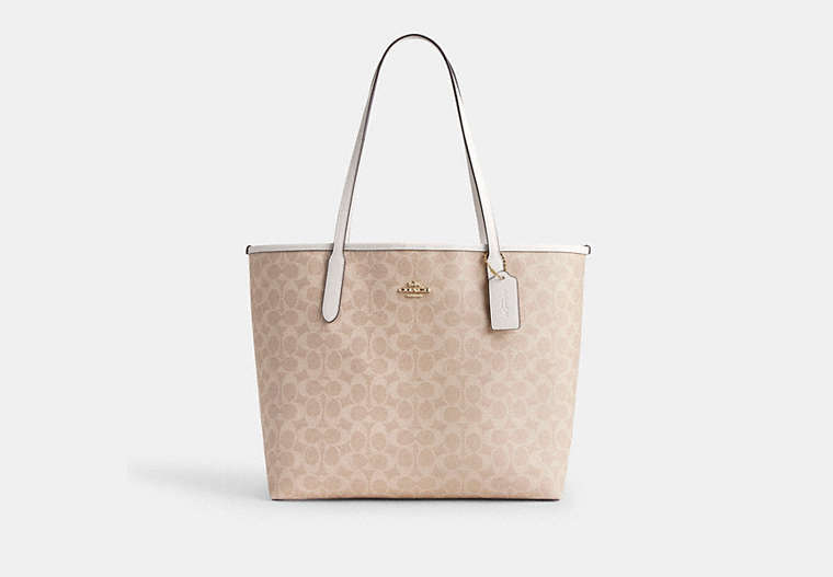 City Tote Bag In Signature Canvas - Gold/Sand/Chalk
