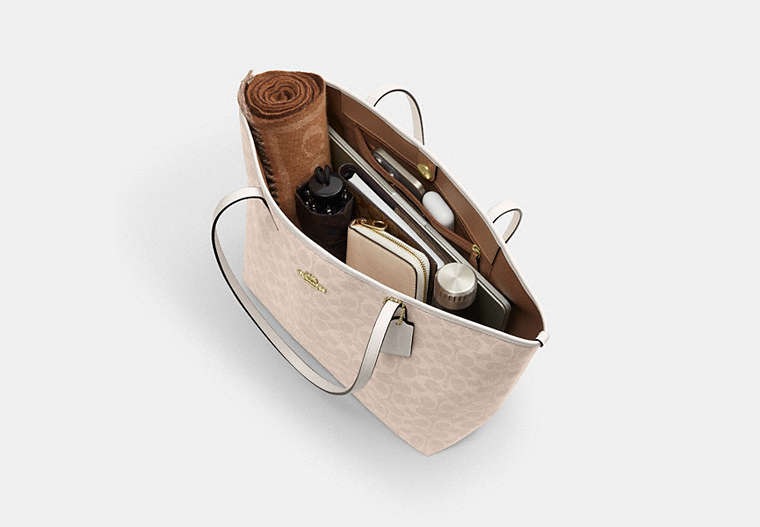 City Tote Bag In Signature Canvas - Gold/Sand/Chalk