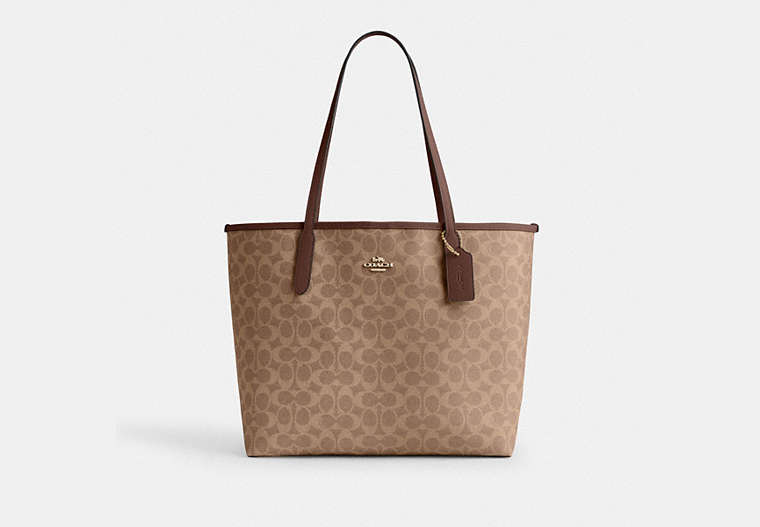 City Tote Bag In Signature Canvas - Gold/Tan/Brown