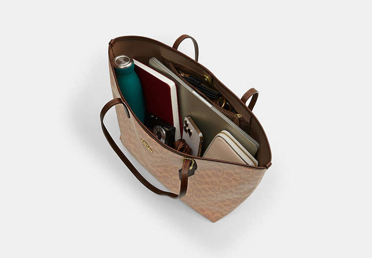 City Tote Bag In Signature Canvas - Gold/Tan/Brown