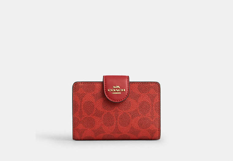 Medium Corner Zip Wallet In Signature Canvas - Gold/Crimson