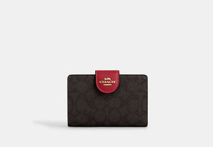 Medium Corner Zip Wallet In Signature Canvas - Gold/Walnut/True Red