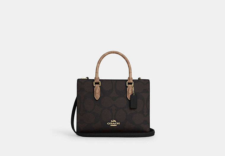Maggie Small Tote Bag In Blocked Signature Canvas - Gold/Walnut/Tan