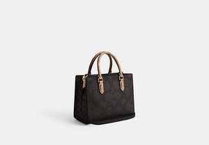 Maggie Small Tote Bag In Blocked Signature Canvas - Gold/Walnut/Tan