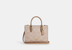 Maggie Small Tote Bag In Blocked Signature Canvas - Gold/Sand/Tan