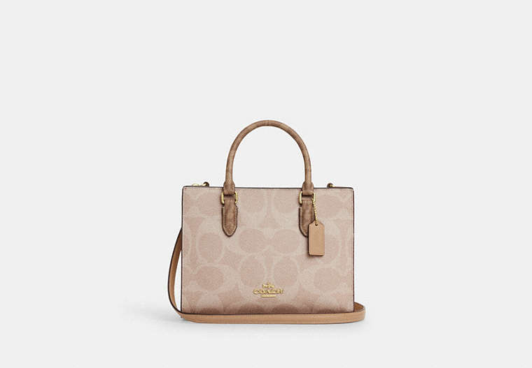 Maggie Small Tote Bag In Blocked Signature Canvas - Gold/Sand/Tan