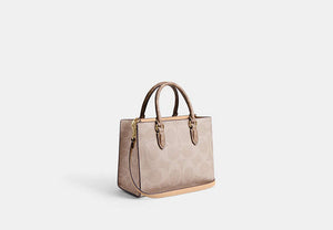 Maggie Small Tote Bag In Blocked Signature Canvas - Gold/Sand/Tan