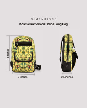 Kosmic Immersion Helios Sling Bag with dimensions on a light gray background
