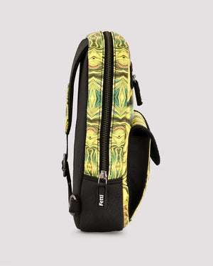 Side profile of men’s travel crossbody sling bag on a gray background