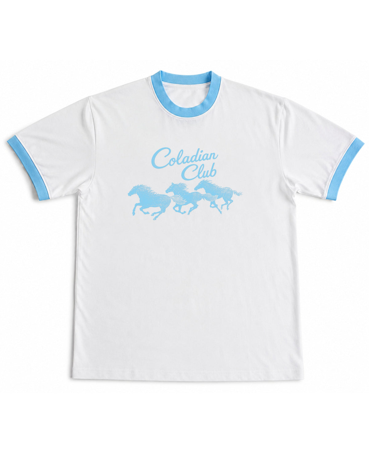 White & Sky Blue Ringer tee Front Design