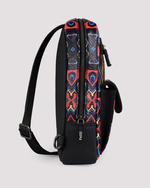 Side profile of modern black sling bag for men